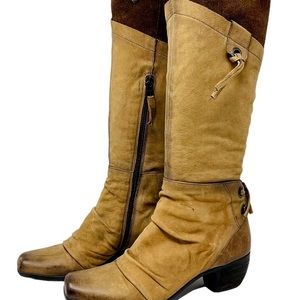 Mjus Womens Sz US 7.5 EU 38 Tan Leather Knee High Boots Distressed Heels Zip Up